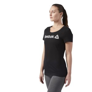 Reebok Linear Scoop Neck T Shirt Damen - Schwarz/Weiß - DE 063-YEW